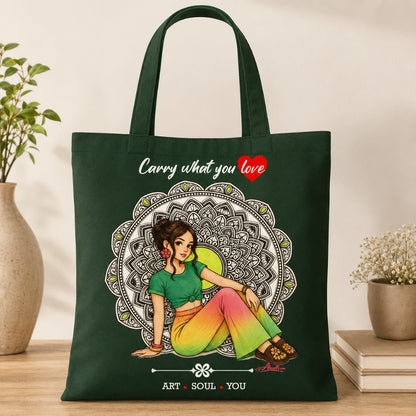 Boho Muse Tote Bag featuring artistic bohemian girl artwork on a bottle green canvas tote.