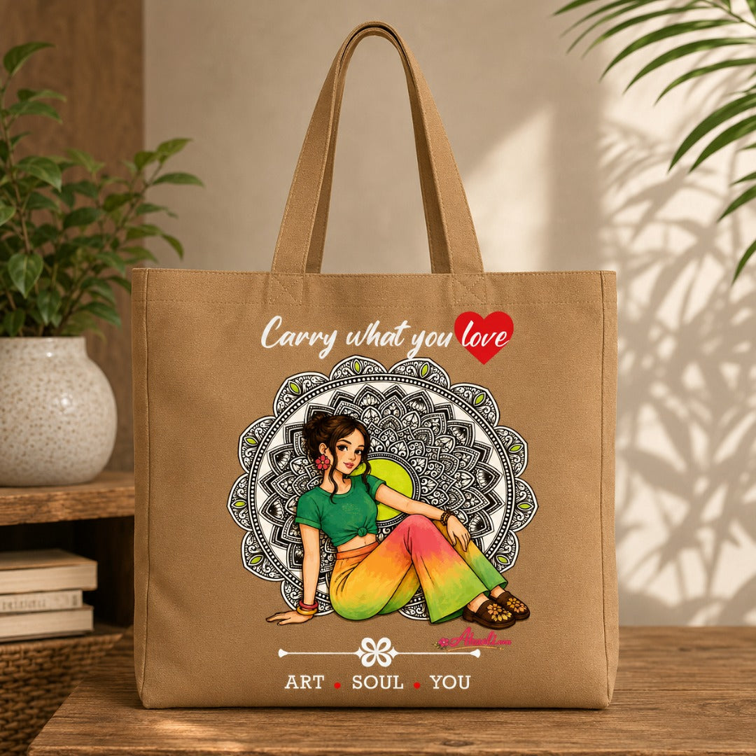 Boho Muse Tote Bag featuring artistic bohemian girl artwork on a khaki canvas tote.