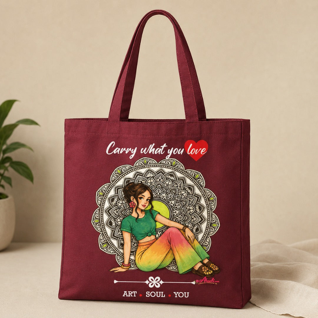 Boho Muse Tote Bag featuring artistic bohemian girl artwork on a maroon canvas tote.
