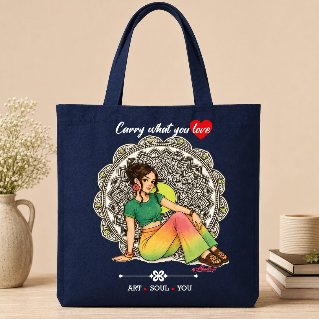Boho Muse Tote Bag featuring an artistic bohemian girl illustration with mandala artwork on a navy canvas tote.