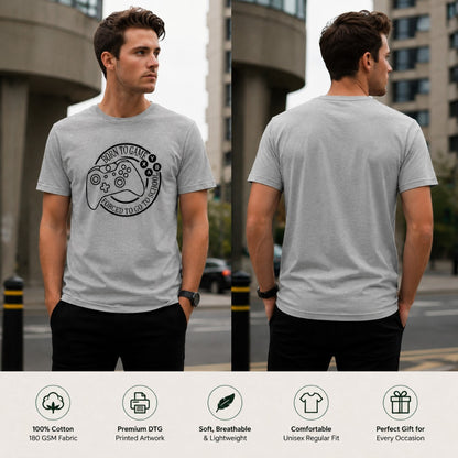 Front and back view of a men's grey cotton T-shirt featuring a gaming controller graphic with the phrase "Born to Play, Forced to Go to School," showcasing the regular fit and premium 180 GSM cotton fabric.
