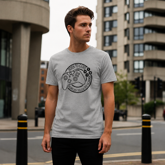 Born to Play Forced to Go to School men's t-shirt featuring a funny gamer-themed graphic design