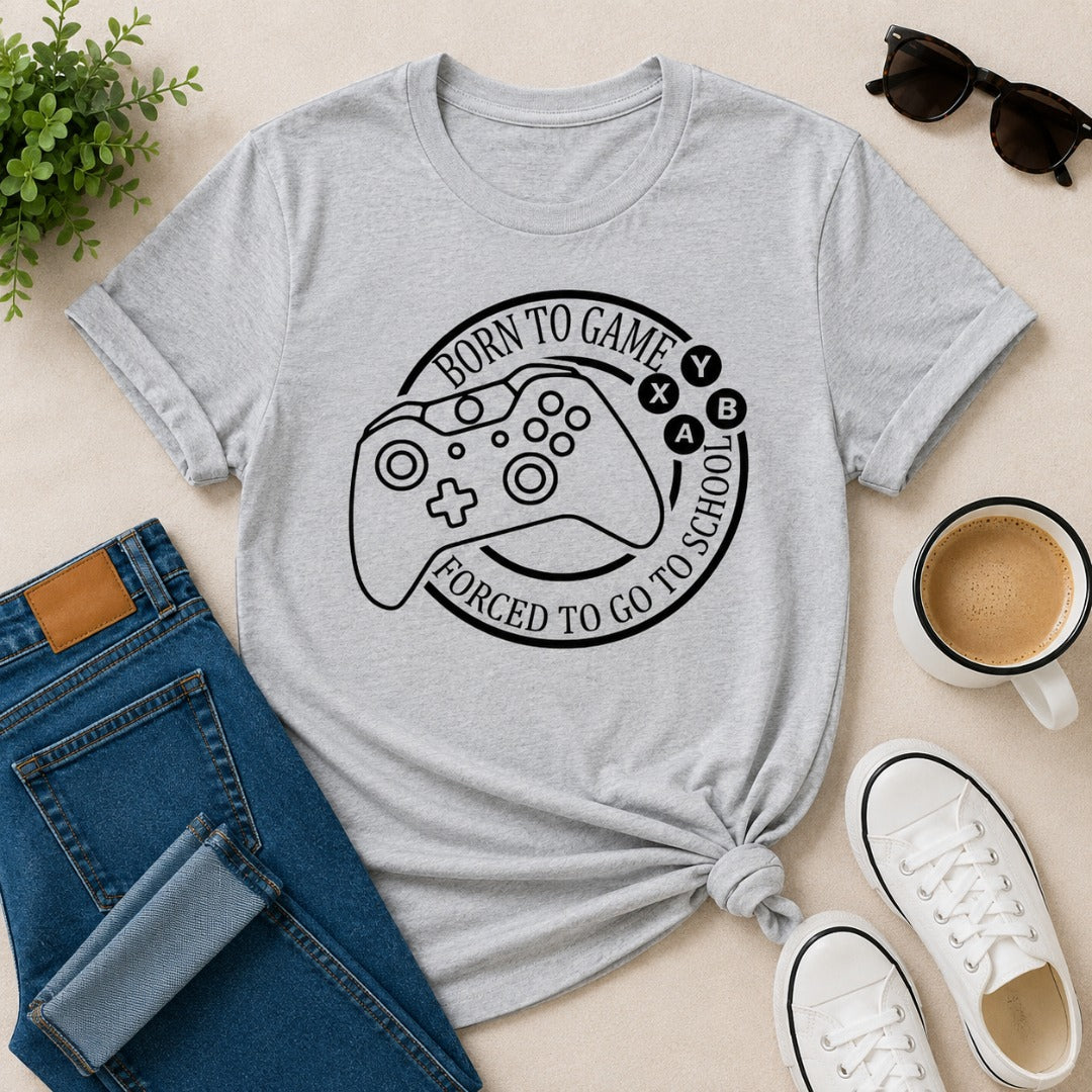 Born to Play Forced to Go to School Women's Cotton T-Shirt in Light Grey with gaming controller graphic print