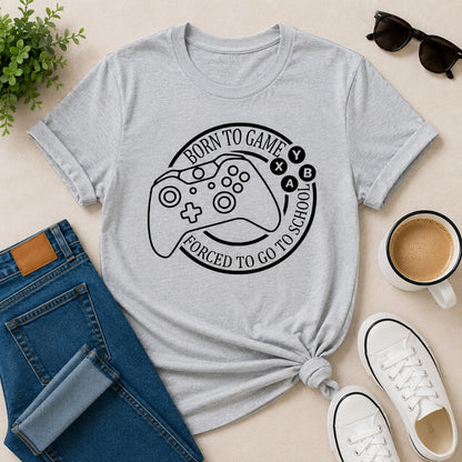 Born to Play Forced to Go to School Women's Cotton T-Shirt in Light Grey with gaming controller graphic print