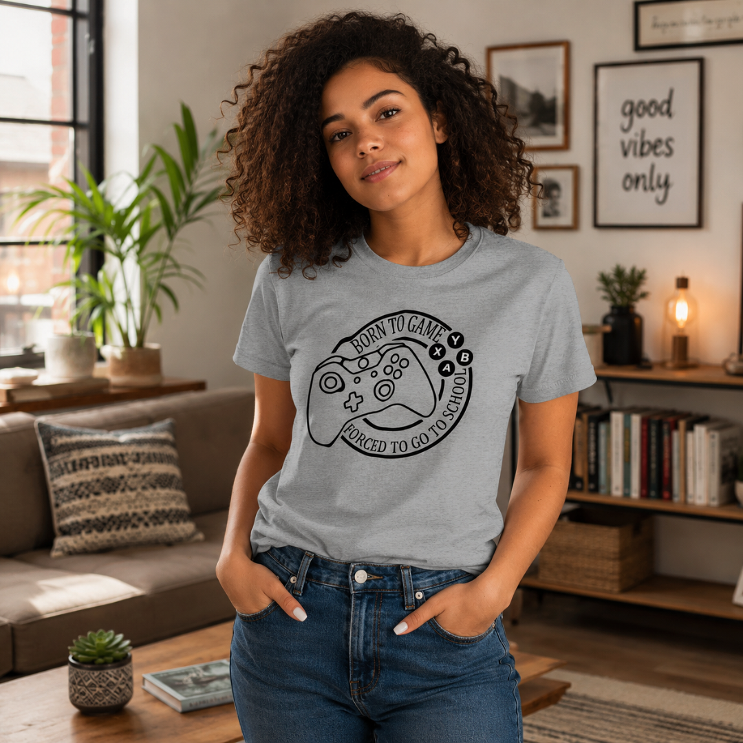 Born to Play Forced to Go to School women's t-shirt featuring a funny gamer graphic design