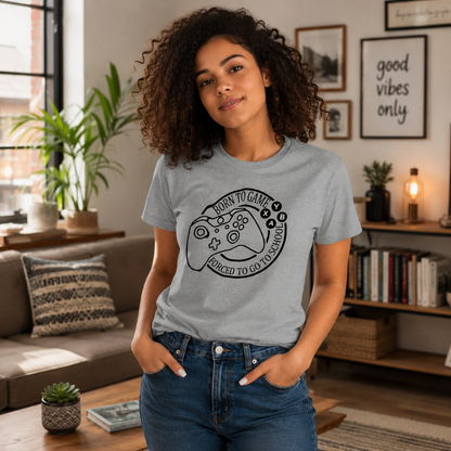Born to Play Forced to Go to School women's t-shirt featuring a funny gamer graphic design