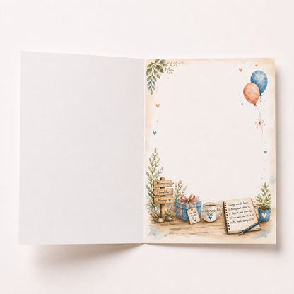 Inside of watercolor brother birthday greeting card with decorative brother-themed artwork