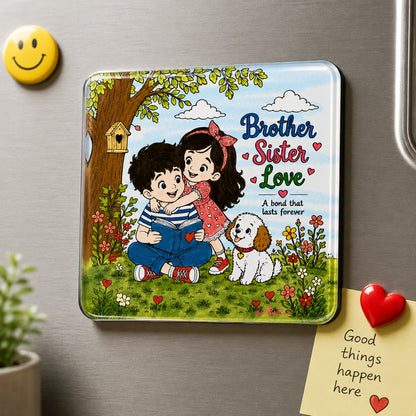 Brother Sister Love fridge magnet displayed on a refrigerator featuring adorable sibling artwork with a puppy, thoughtful gift for siblings and family home decor.