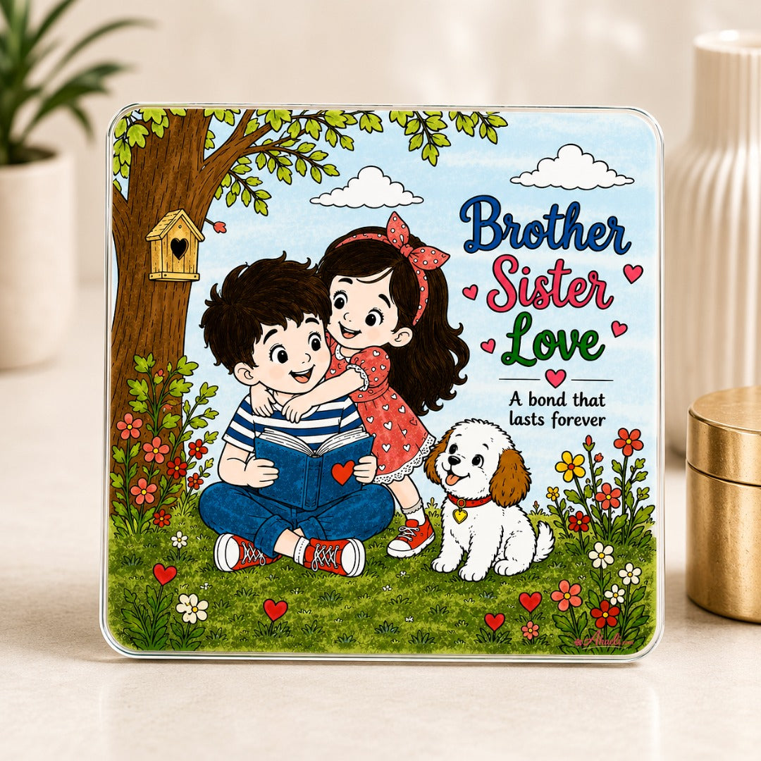 Cute Brother Sister Love fridge magnet featuring a heartwarming illustration of siblings with their pet dog, handmade gift for brother or sister and charming home decor.