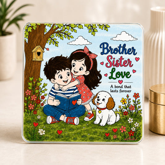 Cute Brother Sister Love fridge magnet featuring a heartwarming illustration of siblings with their pet dog, handmade gift for brother or sister and charming home decor.