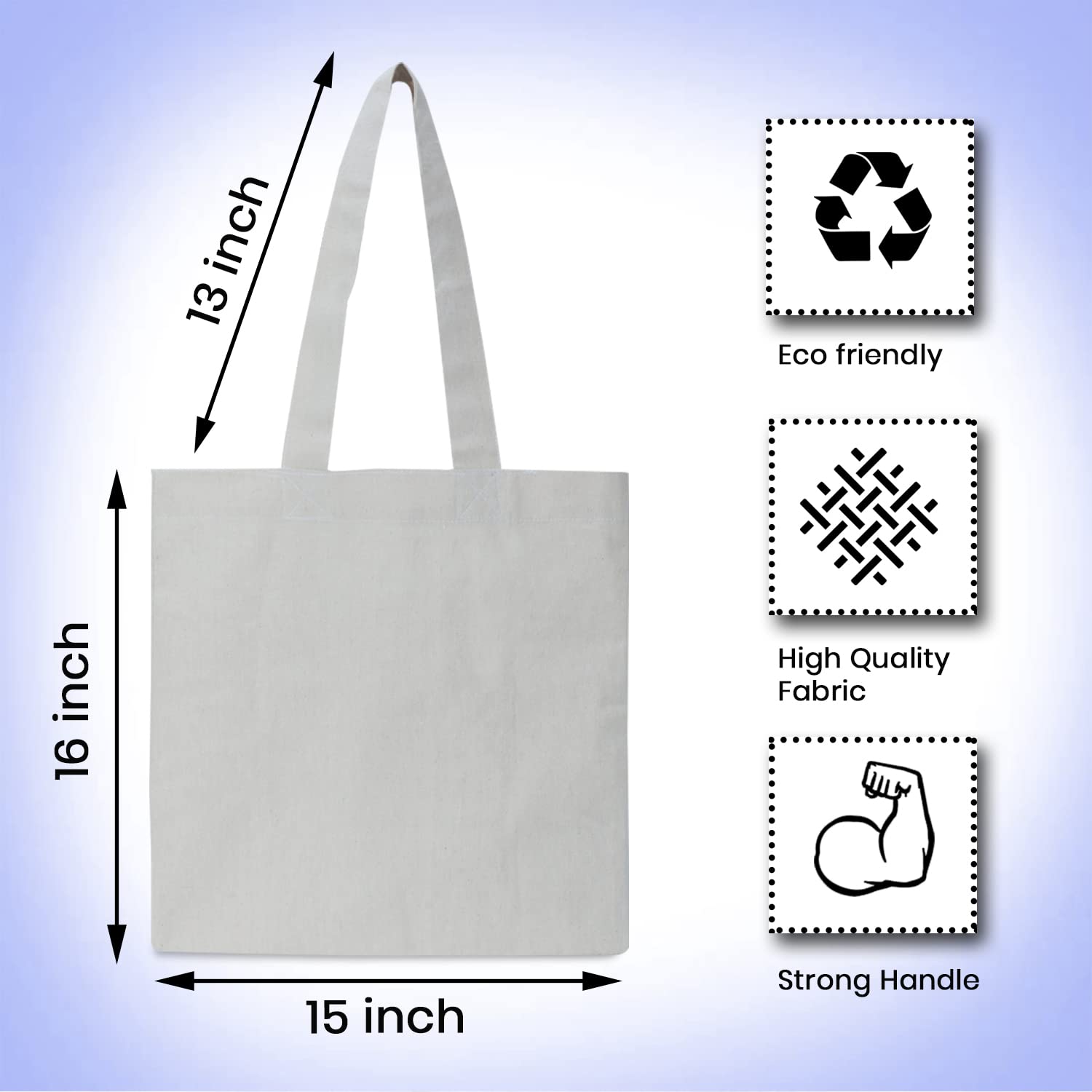 Canvas tote bag measurement guide displaying height, width, and size specifications.