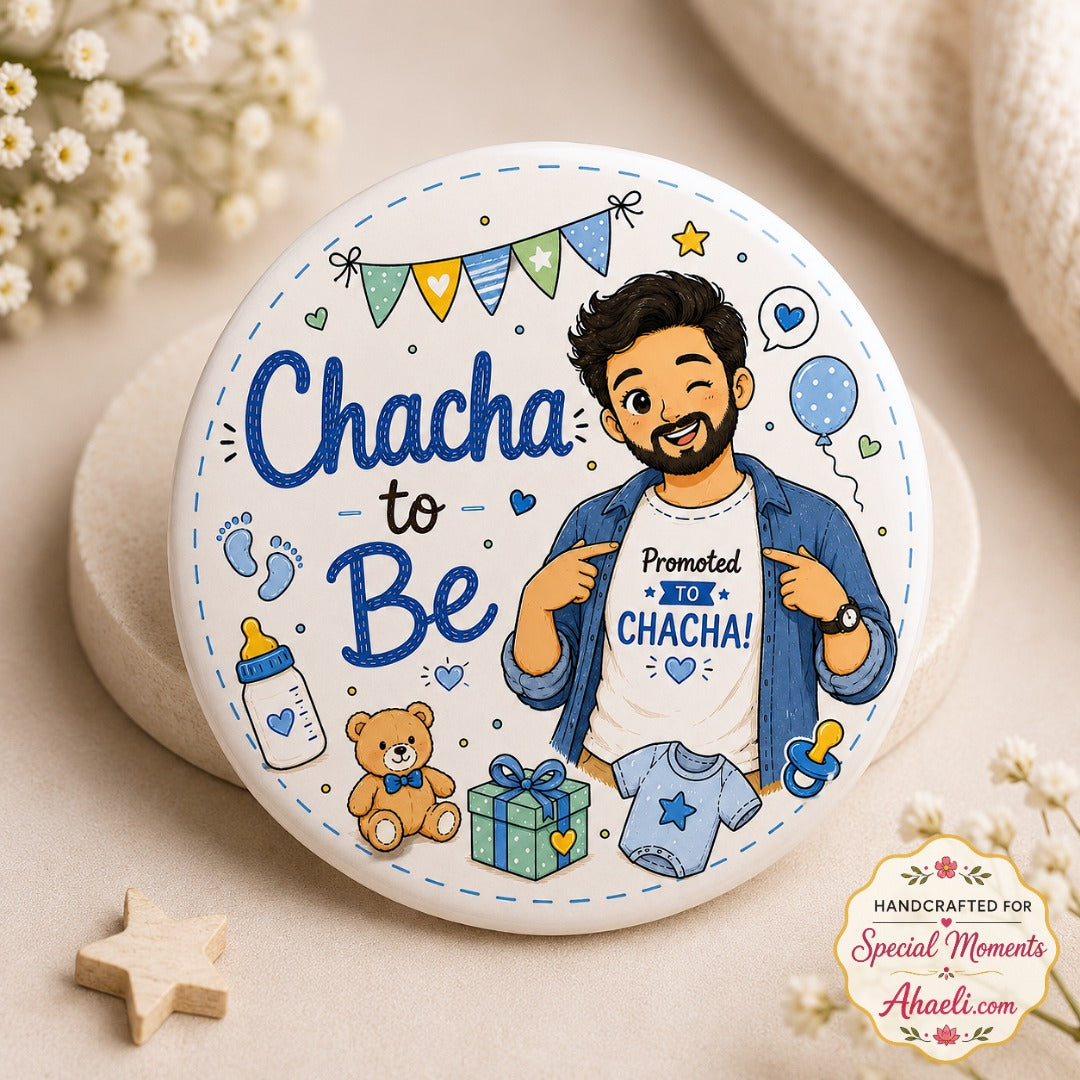 Cute Chacha-to-Be baby shower badge featuring a paternal uncle illustration on a premium 58mm keepsake pin