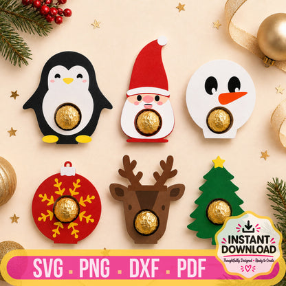 Christmas candy holder SVG bundle with Santa, penguin, snowman, tree, ornament and reindeer designs