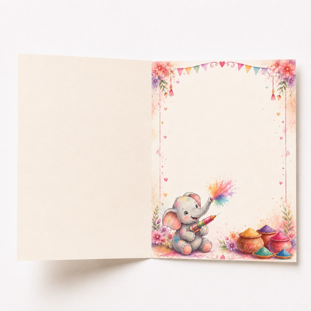 Inside of watercolor Holi greeting card with elephant, colorful gulal and floral border