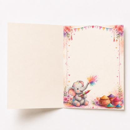 Inside of watercolor Holi greeting card with elephant, colorful gulal and floral border