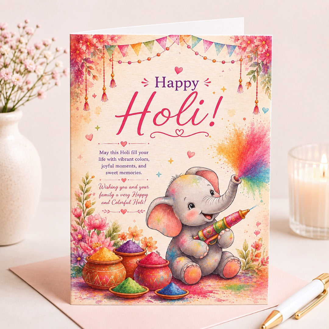 Colorful Holi elephant watercolor greeting card with gulal, pichkari and flowers