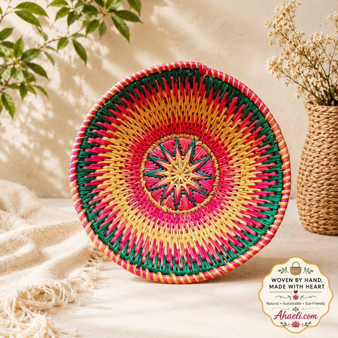 Handcrafted cream floral Sikki grass decorative basket with colorful woven design for boho wall and table décor