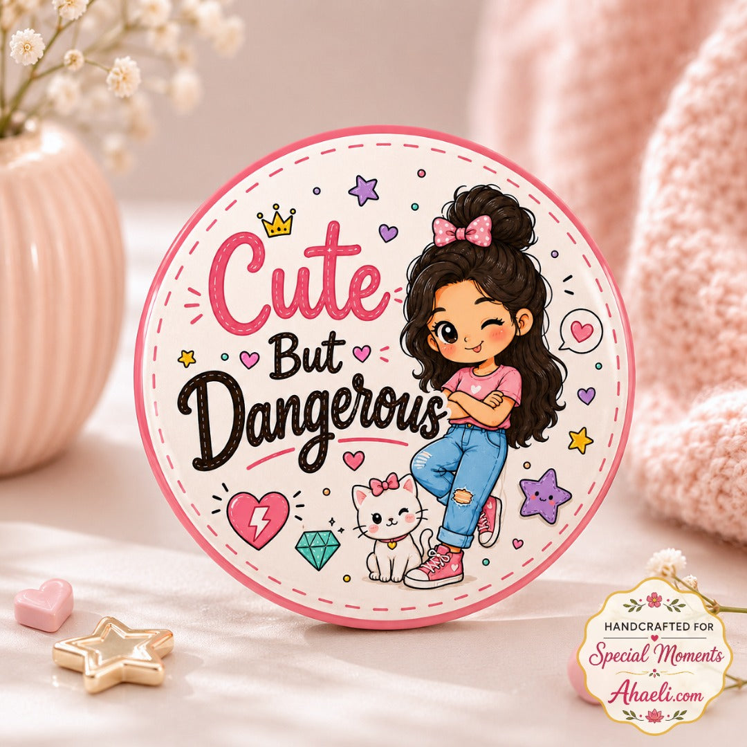 Cute But Dangerous kawaii girl badge featuring an adorable cartoon girl with a cute kitten on a premium glossy 58mm round metal pin button.