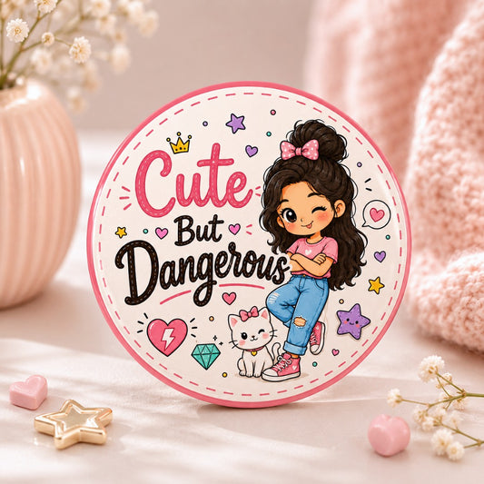 Cute But Dangerous kawaii girl badge featuring an adorable cartoon girl with a cute kitten on a premium glossy 58mm round glossy pin button.