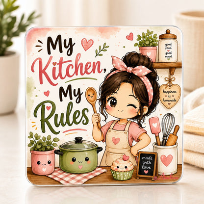 My Kitchen My Rules fridge magnet with a cute hand-illustrated chef girl, perfect kitchen decor, housewarming gift, and decorative refrigerator magnet.