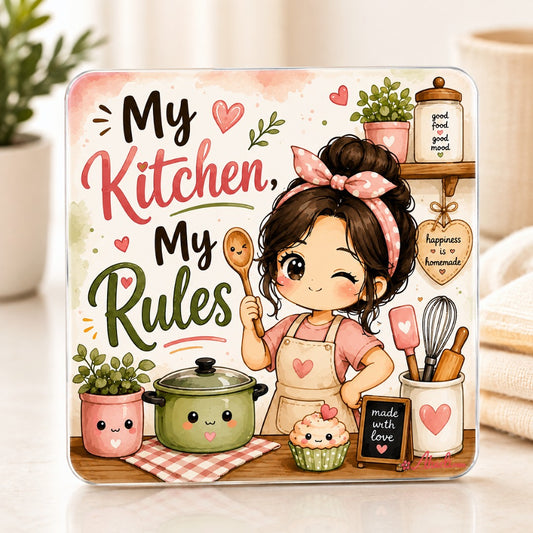 My Kitchen My Rules fridge magnet with a cute hand-illustrated chef girl, perfect kitchen decor, housewarming gift, and decorative refrigerator magnet.