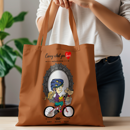 Artistic tote bag with a cycling girl and dog illustration, eco-friendly reusable bag for shopping and everyday use.