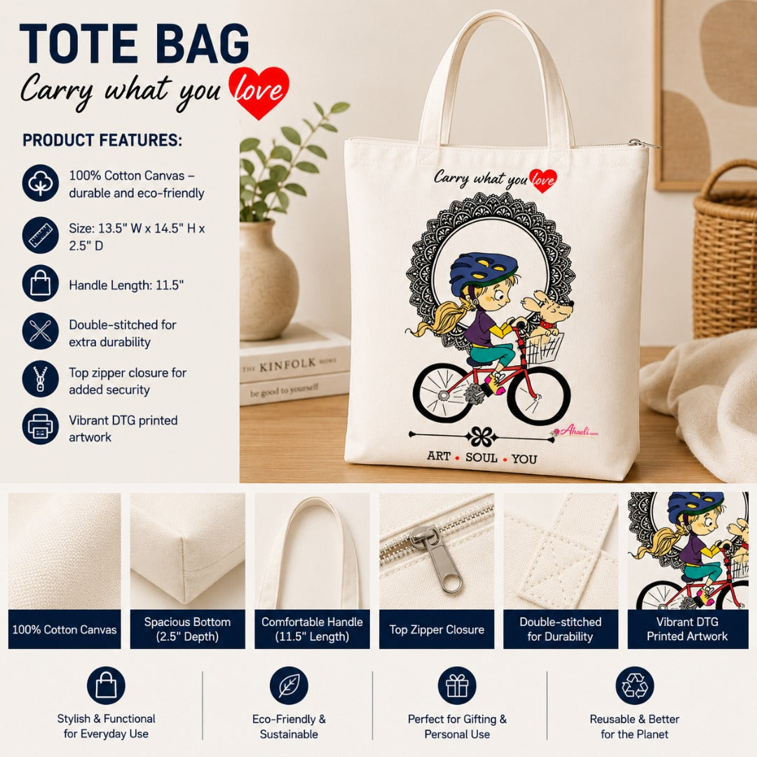 Cycling Girl with Dog Tote Bag – Cotton Canvas Travel Tote Bag