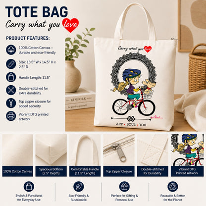 Cycling Girl with Dog Tote Bag – Cotton Canvas Travel Tote Bag