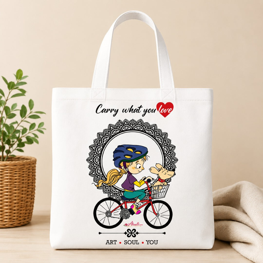 Cycling Girl with Dog Tote Bag featuring a cute bicycle illustration on a white cotton canvas tote.