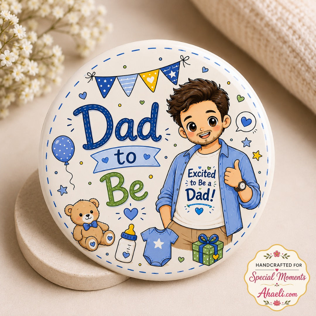 Dad to Be baby shower badge featuring an excited father illustration on a premium round pregnancy announcement pin
