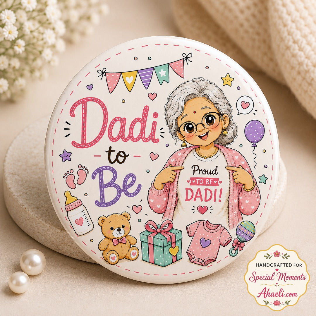 Cute Dadi-to-Be baby shower badge featuring a grandmother-to-be illustration on a premium 58mm keepsake pin