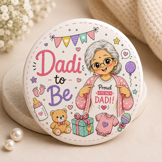 Cute Dadi-to-Be baby shower badge featuring a grandmother-to-be illustration on a premium 58mm keepsake pin