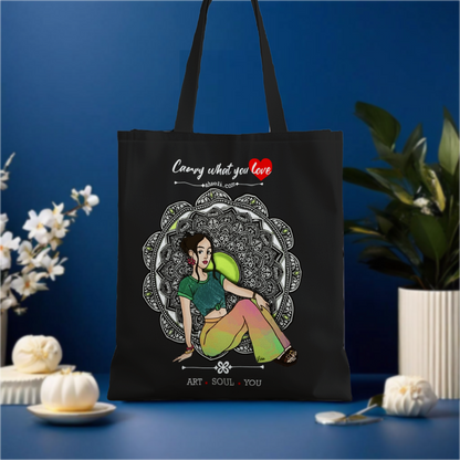 Stylish Bohemian Girl Midnight artwork on a canvas tote bag, showcasing a modern boho design with deep and elegant tones.