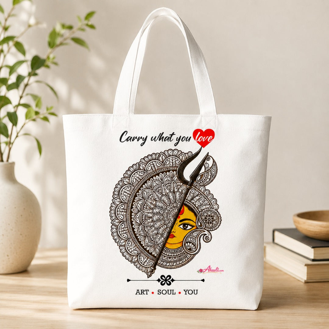 White cotton canvas tote bag featuring Divine Durga mandala artwork with trishul design