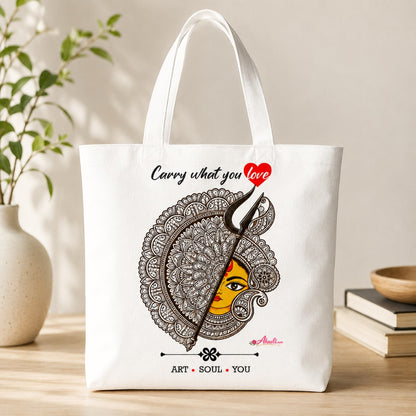 White cotton canvas tote bag featuring Divine Durga mandala artwork with trishul design