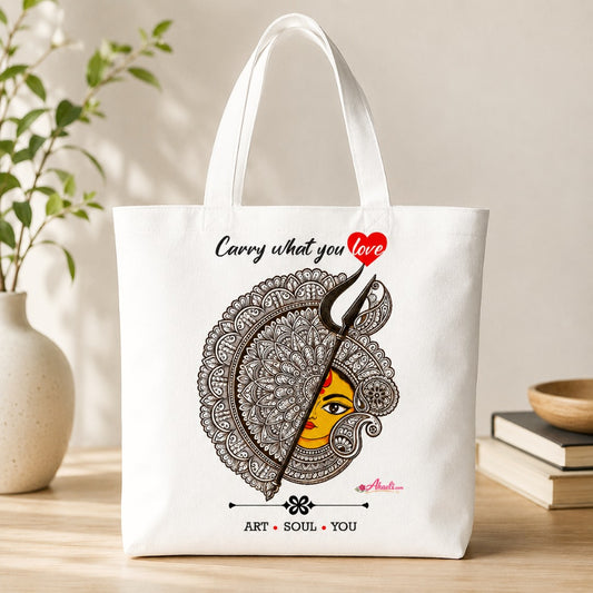 White cotton canvas tote bag featuring Divine Durga mandala artwork with trishul design