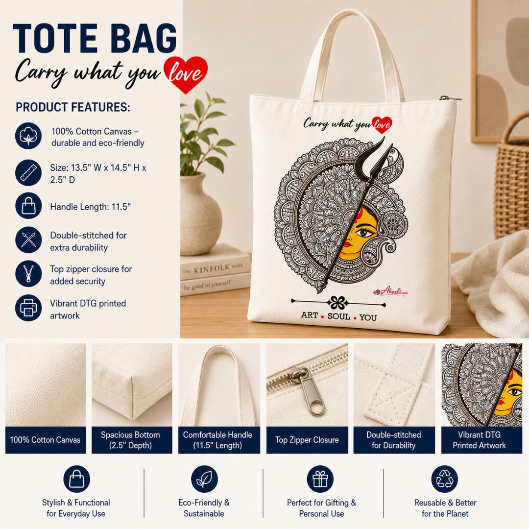 Product features image of the Divine Durga Tote Bag showing cotton canvas material, zipper closure, durable handles, and vibrant DTG artwork.