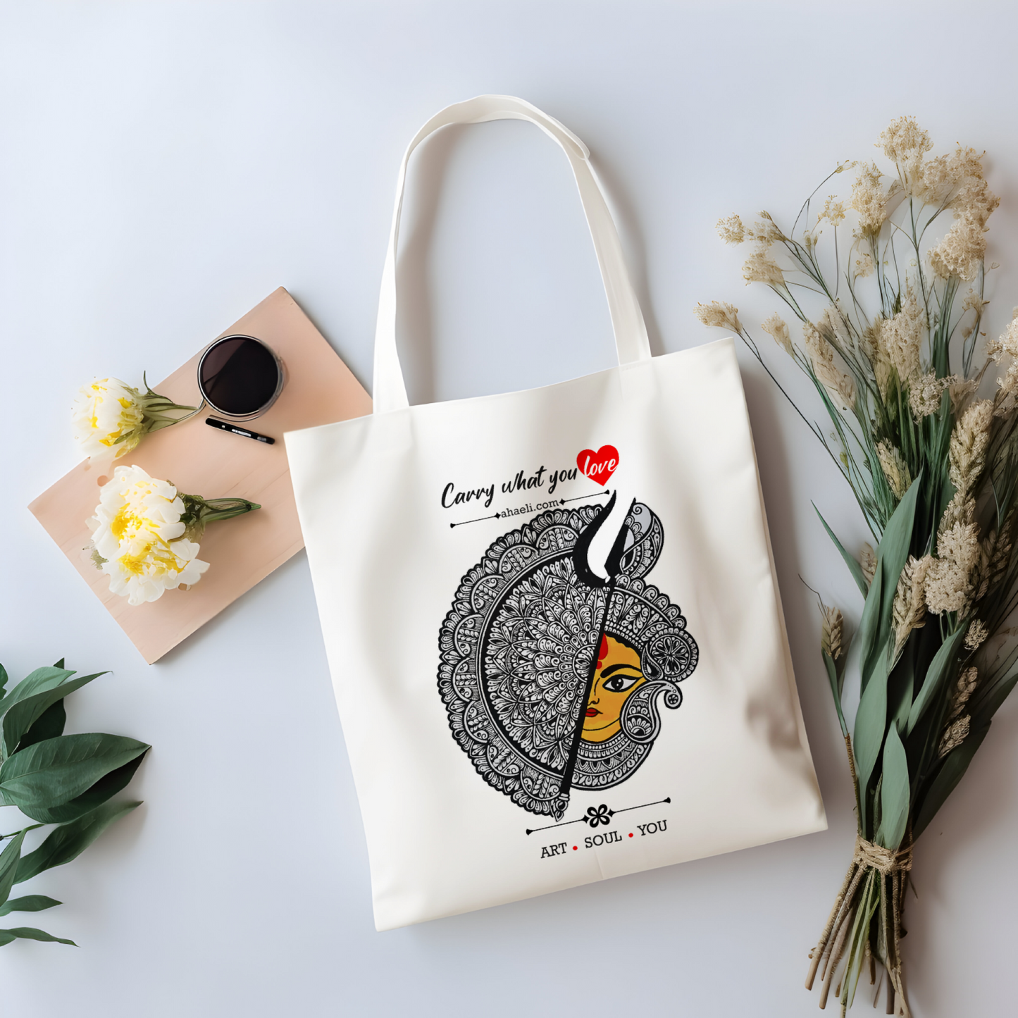Divine Durga tote bag featuring a beautiful illustration of Goddess Durga, printed on a reusable canvas bag for everyday use.
