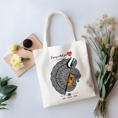 Divine Durga tote bag featuring a beautiful illustration of Goddess Durga, printed on a reusable canvas bag for everyday use.