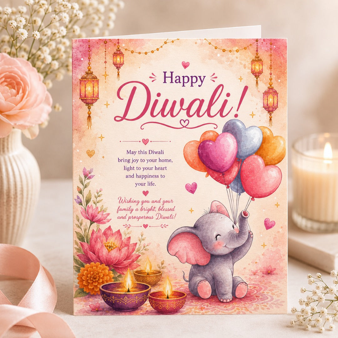 Diwali Glow & Joy watercolor elephant Diwali greeting card front design with diyas, balloons and festive lanterns