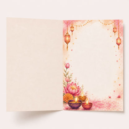 Inside of watercolor elephant Diwali greeting card with decorative diyas, lotus flowers, lanterns and blank message space