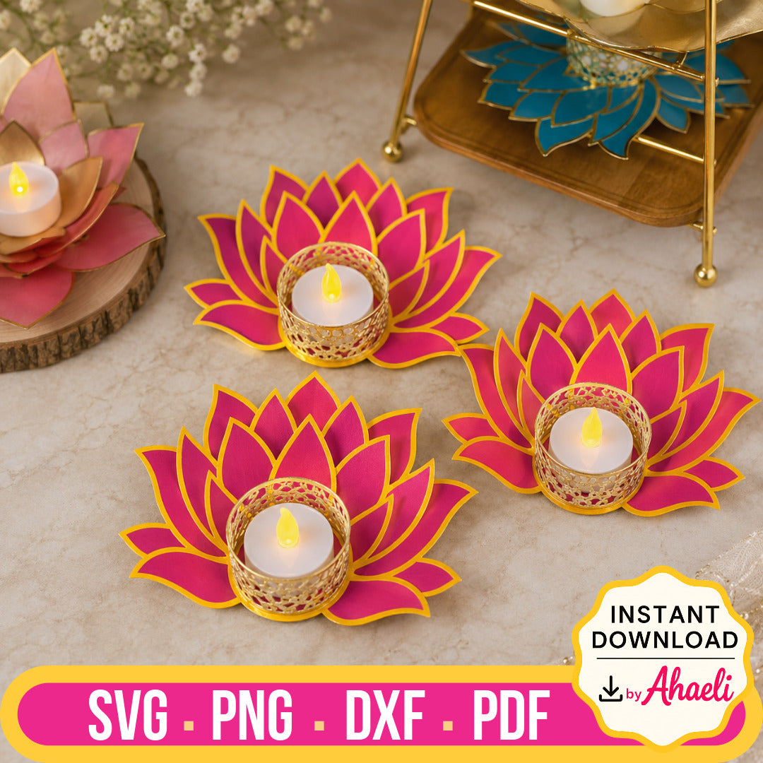 Finished Diwali Lotus Tealight Holder Craft Bundle featuring layered lotus tealight holders made using SVG, PNG, DXF and PDF digital cutting files.