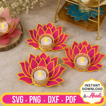 Finished Diwali Lotus Tealight Holder Craft Bundle featuring layered lotus tealight holders made using SVG, PNG, DXF and PDF digital cutting files.
