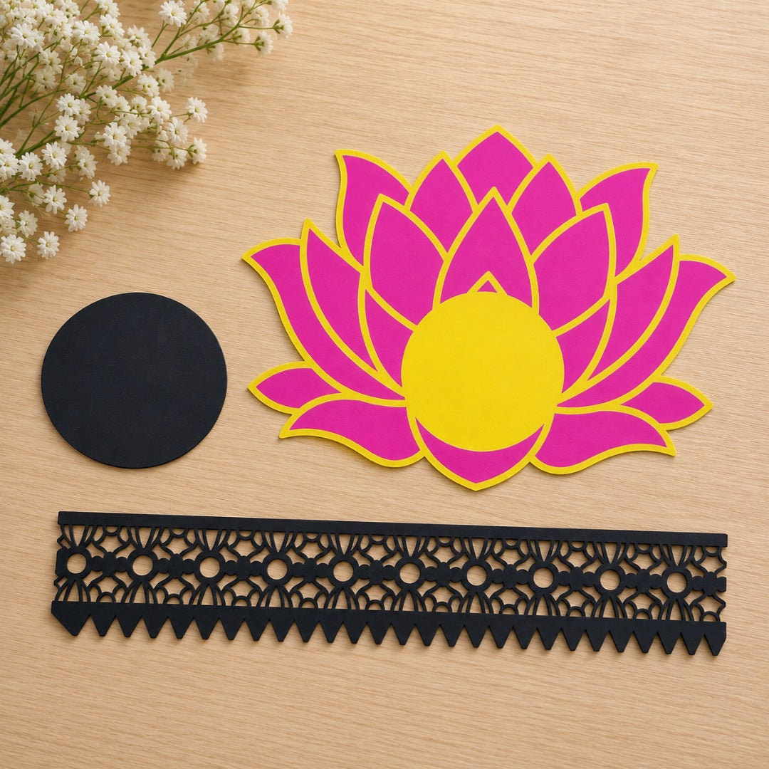 Diwali Lotus Tealight Holder Craft Bundle SVG template with lotus flower layers, circular tealight base and decorative border for Cricut and laser cutting.
