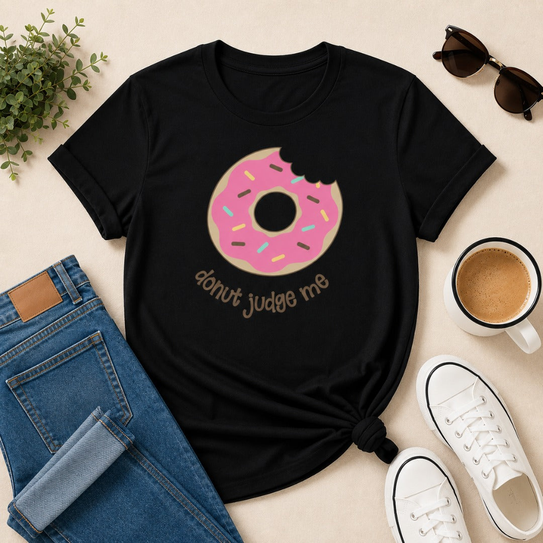 Do Nut Judge Me women's cotton t-shirt in black featuring a donut lover graphic design