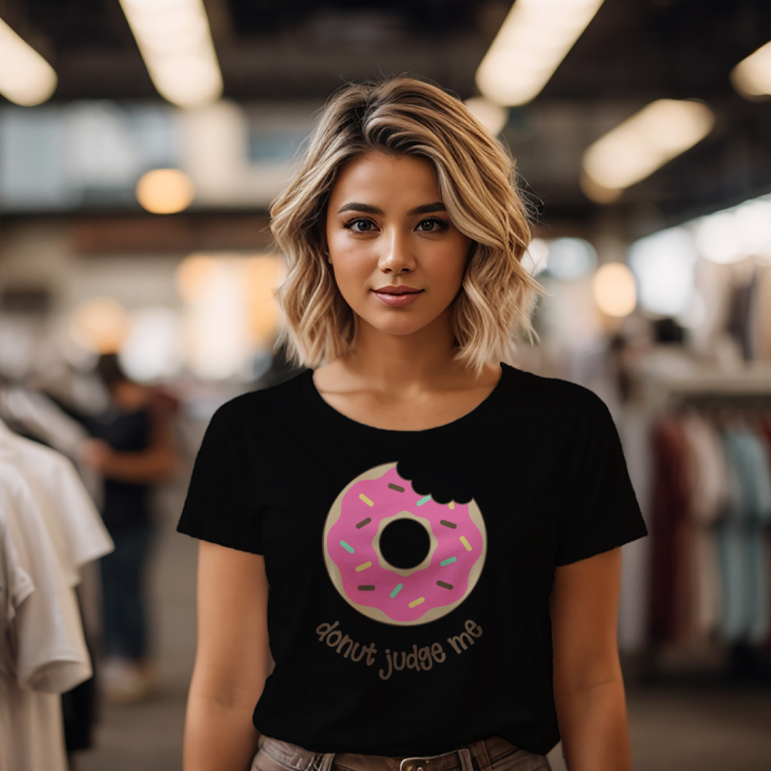 Do Nut Judge Me women's cotton t-shirt in black featuring a donut lover graphic design