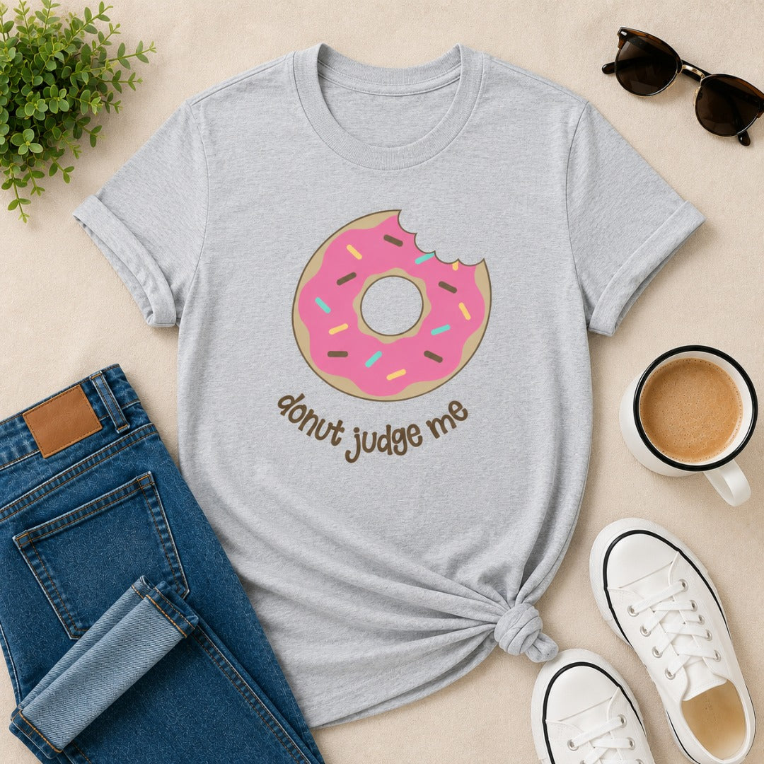 Do Nut Judge Me women's cotton t-shirt in grey melange featuring a donut lover graphic design.