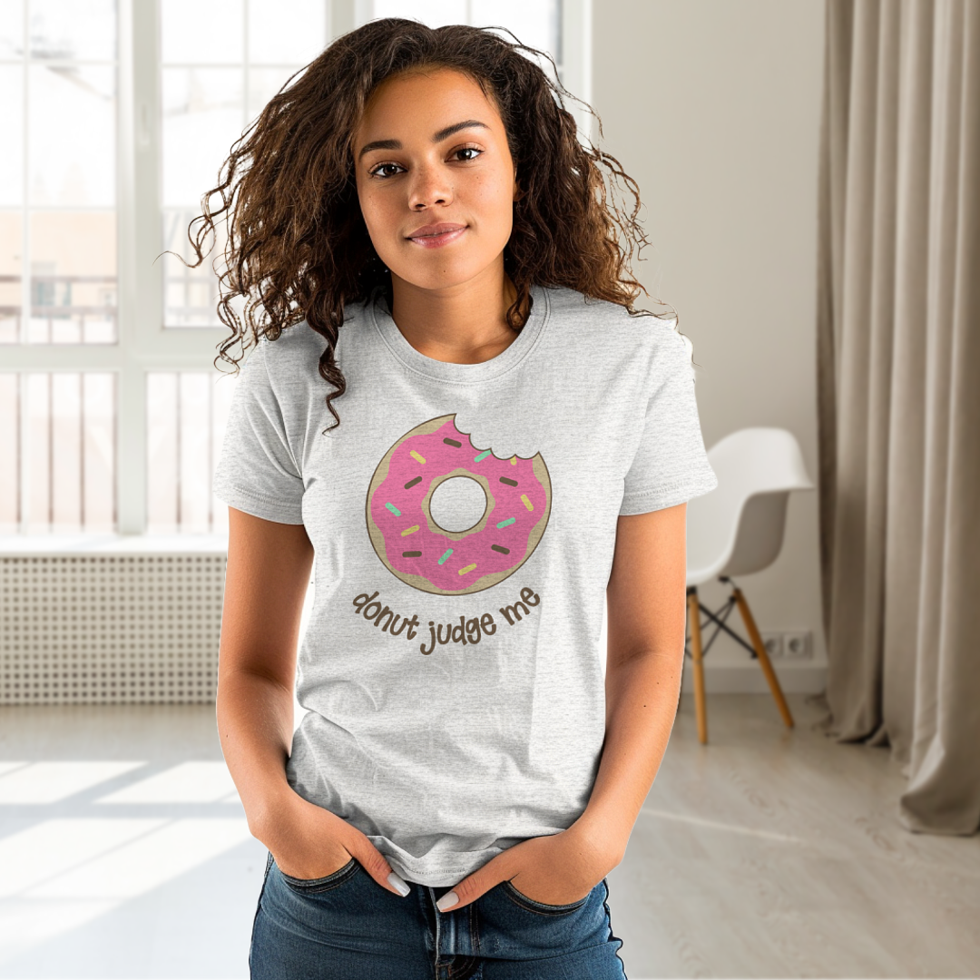 Do Nut Judge Me women's cotton t-shirt in grey milanage featuring a donut lover graphic design