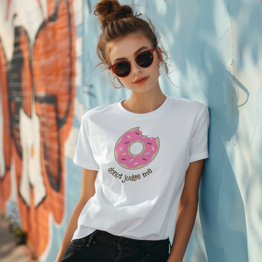 Do Nut Judge Me women's cotton t-shirt in white featuring a donut lover graphic design