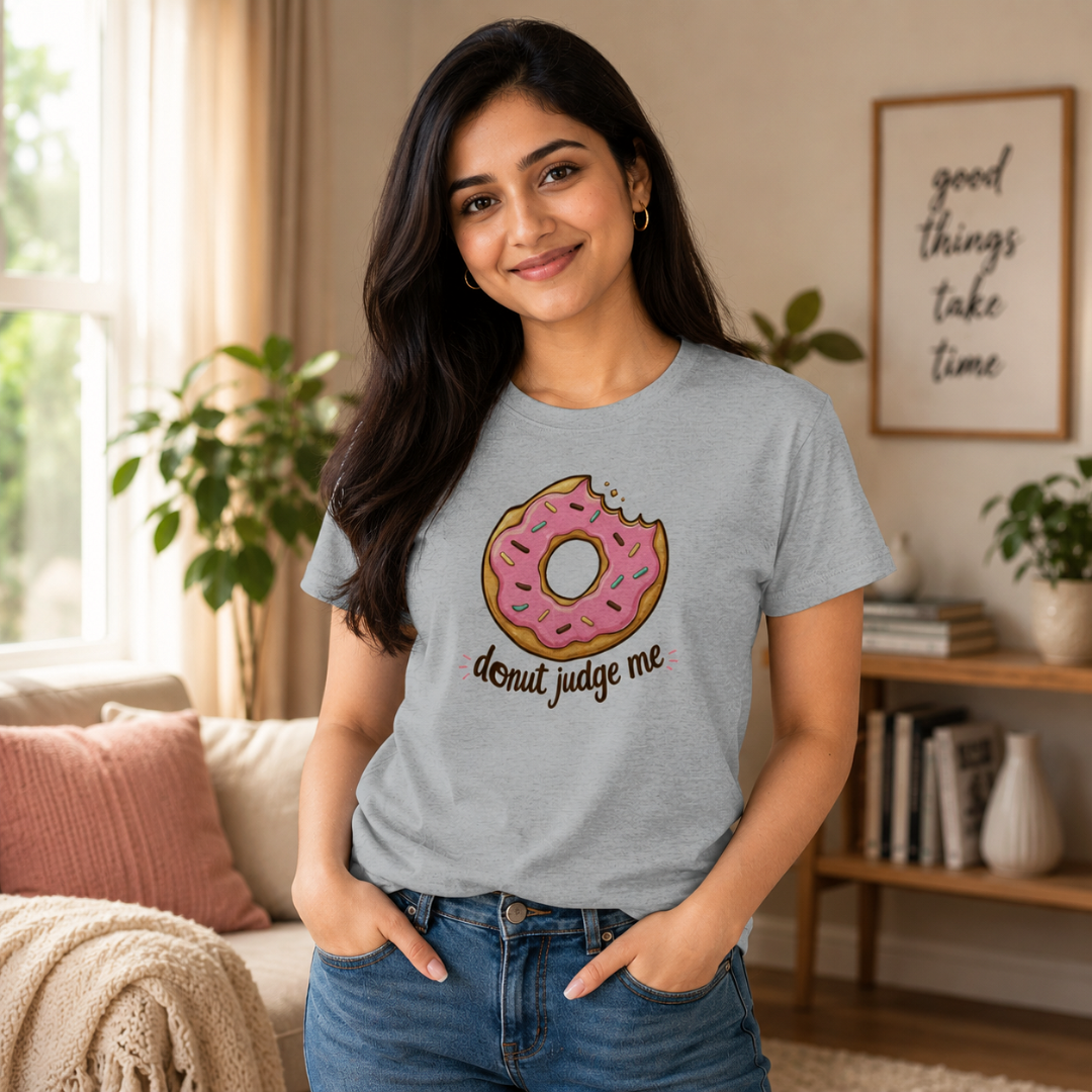 Do Nut Judge Me women's t-shirt in grey featuring a funny donut-themed graphic design